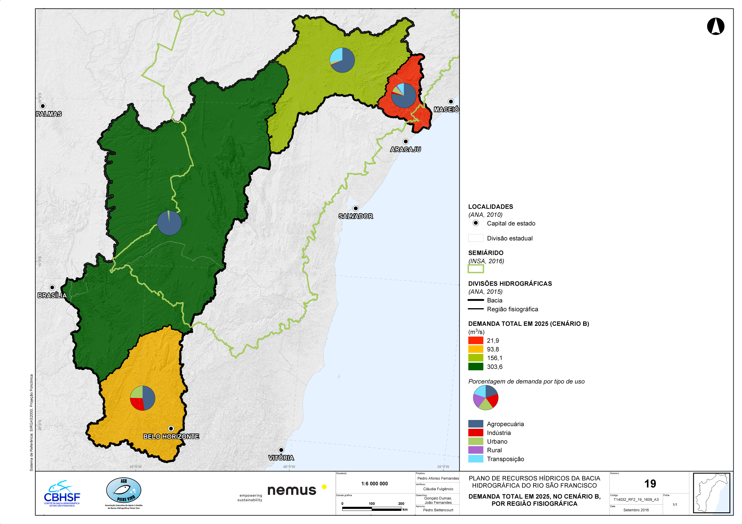 Mapa 19 do RF2 - Demanda total em 2025, no Cenário B, por região fisiográfica