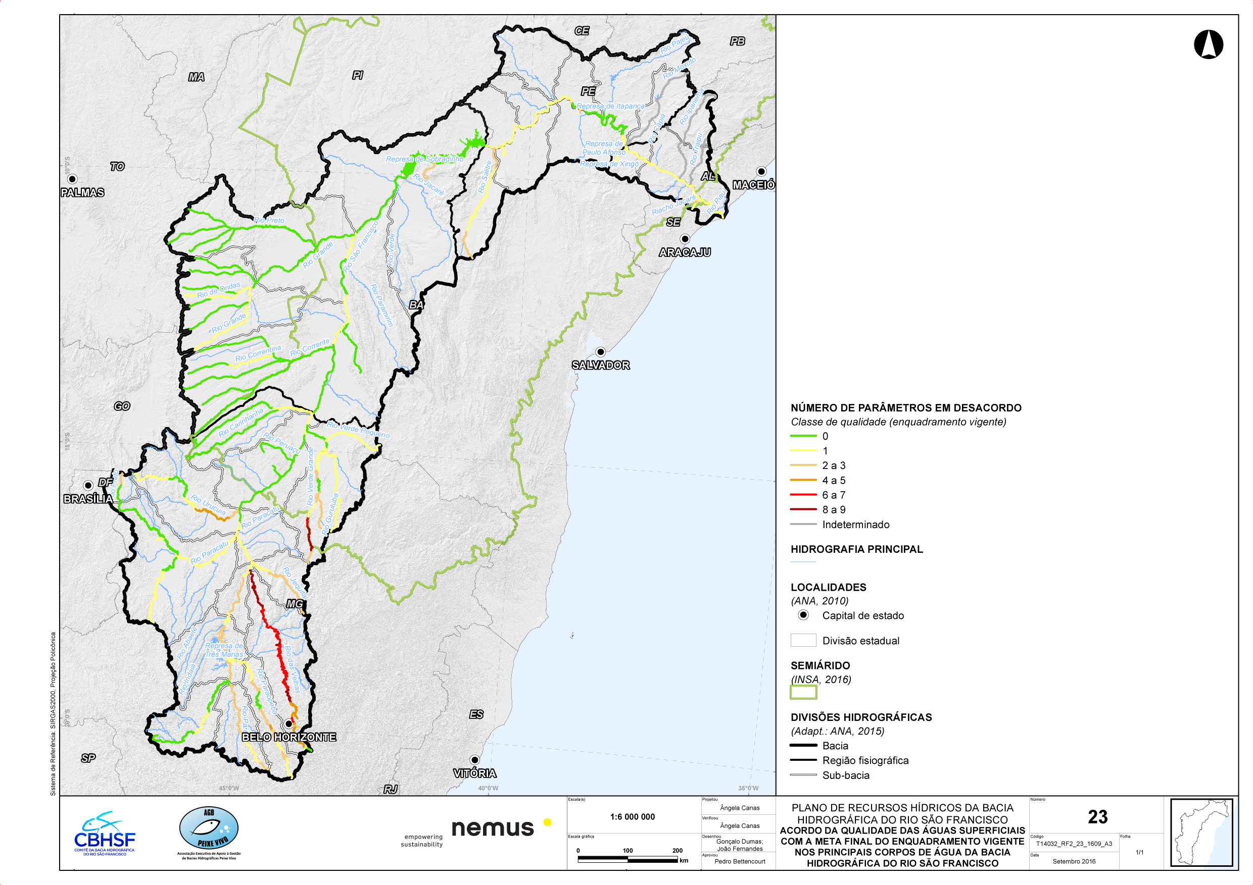 Mapa 23 do RF2 - Acordo Da Qualidade Das Águas Superficiais Com A Meta Final Do Enquadramento Vigente Nos Principais Corpos De Água Da Bacia Hidrográfica Do Rio São Francisco