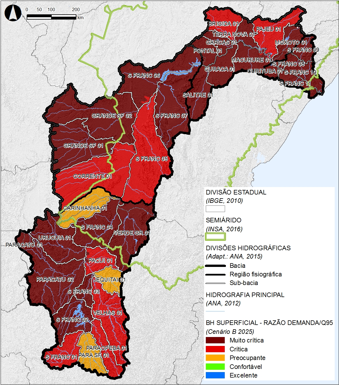 Balanço hídrico superficial (razão demanda/Q<sub>95</sub>), em 2025, no Cenário B