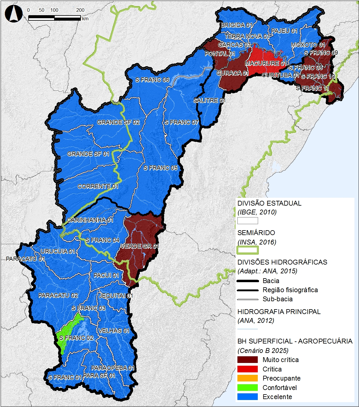 Balanço hídrico superficial (modelagem matemática) – Agropecuária (cenário B2025)