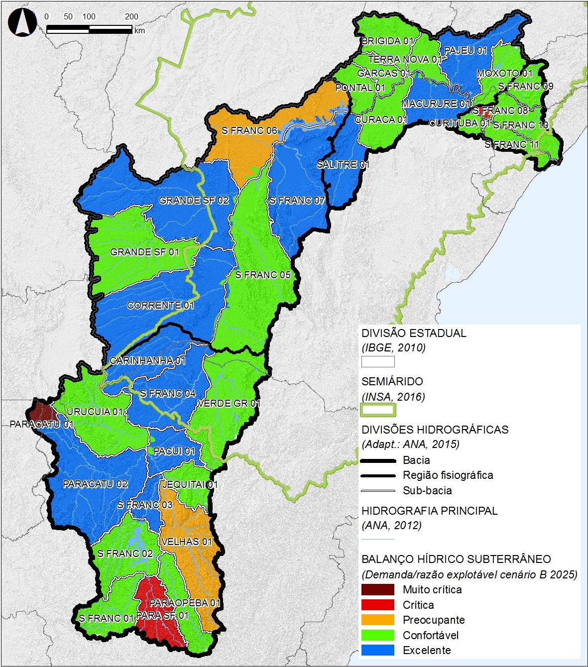Balanço hídrico subterrâneo (razão vazão de retirada/vazão explotável), por sub-bacia, em 2025, no Cenário B