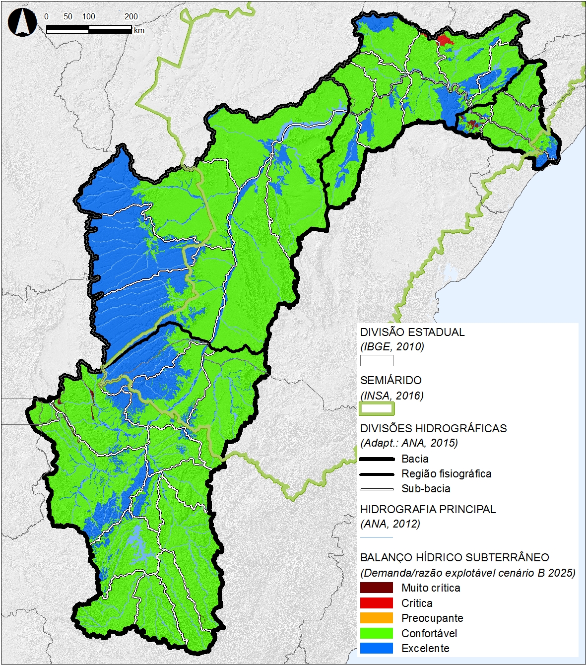 Balanço hídrico subterrâneo (razão vazão de retirada/vazão explotável), por aquífero, em 2025, no Cenário B